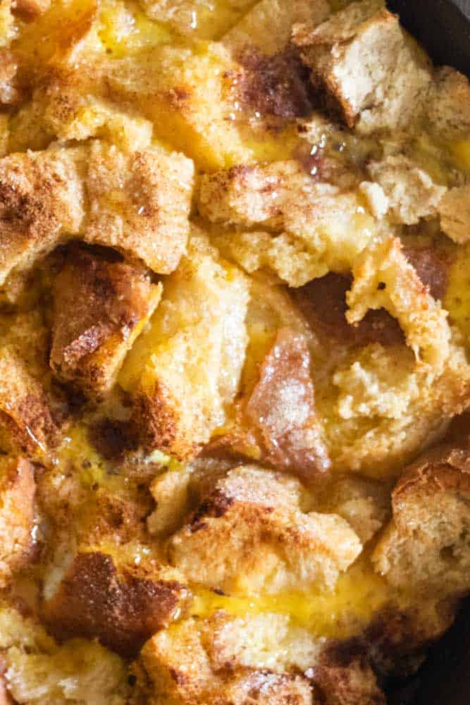 Homemade french toast casserole with sourdough bread chunks.
