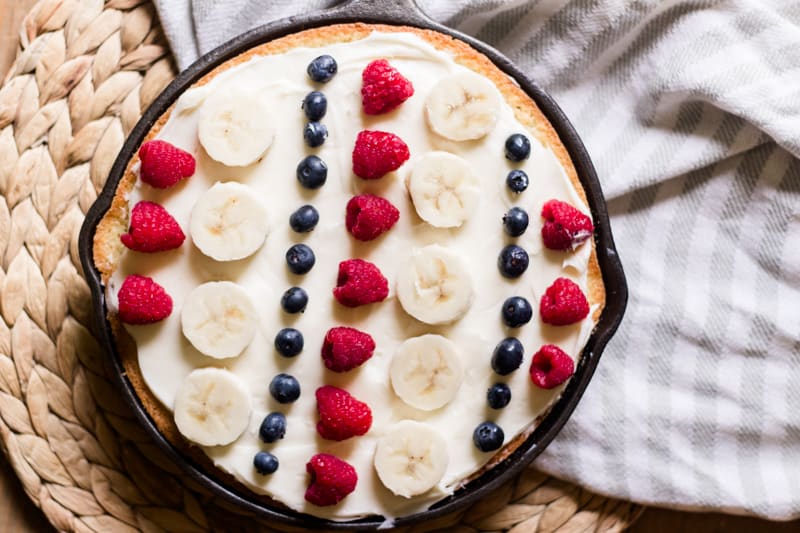 Simple 4th of july flag cake baked in a cast iron skillet.