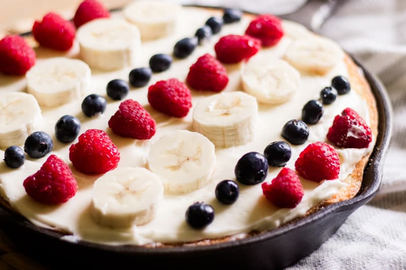 Skillet cake for independence day with homemade cream cheese frosting.