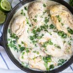 Coconut lime chicken in a cast iron skillet.
