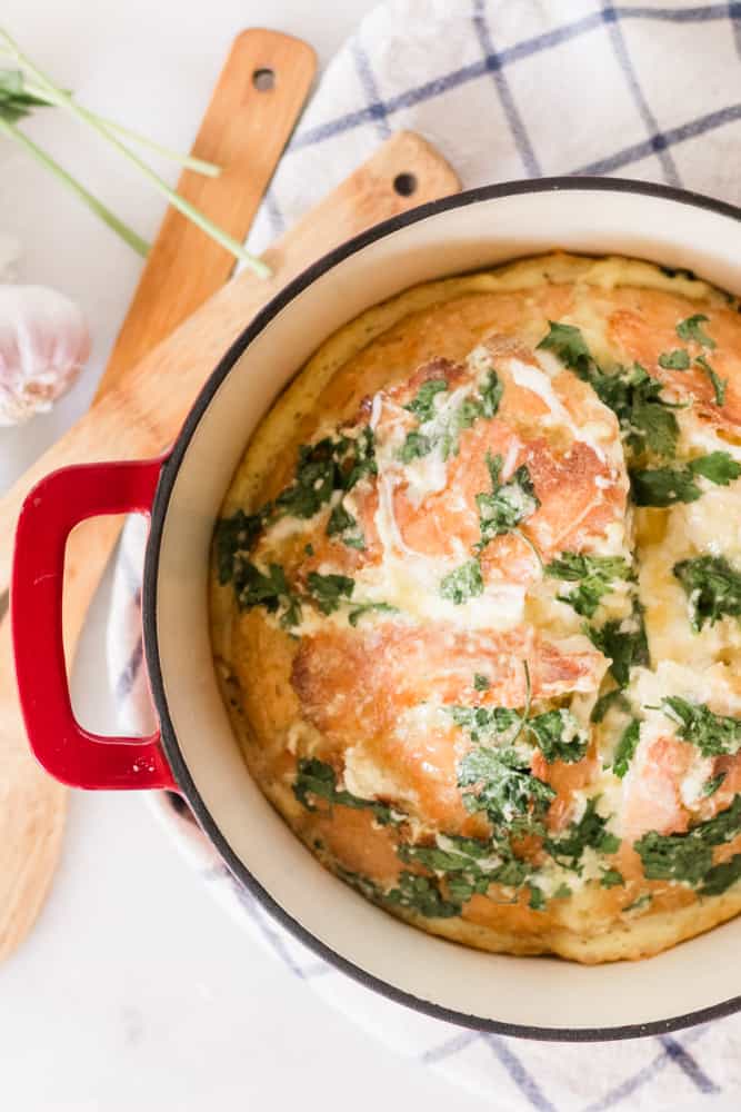 garlic cream cheese bread in a dutch oven.