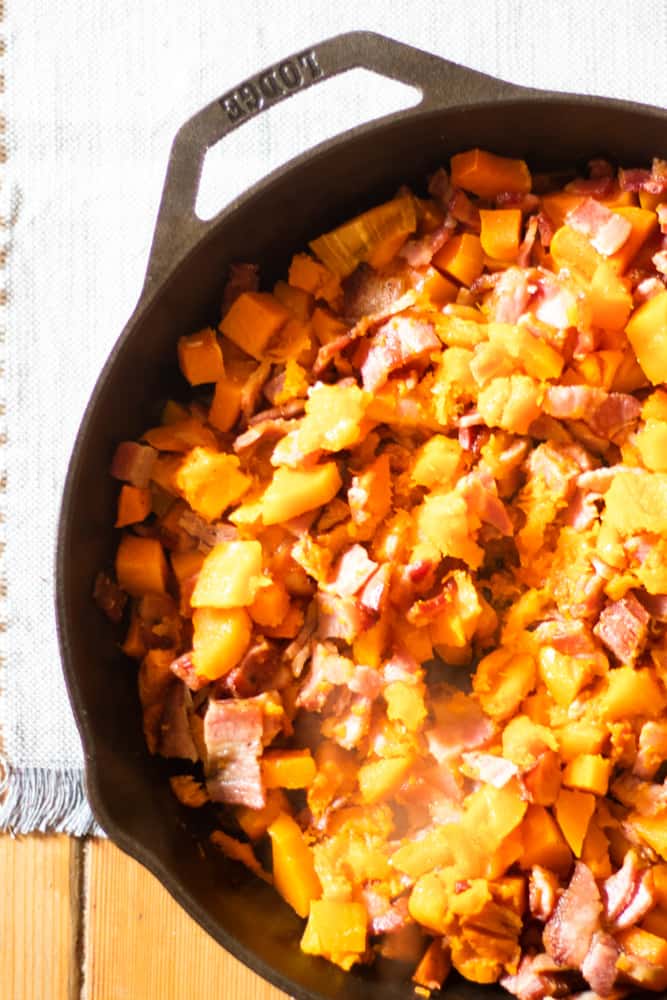 Baked yellow squash and bacon.