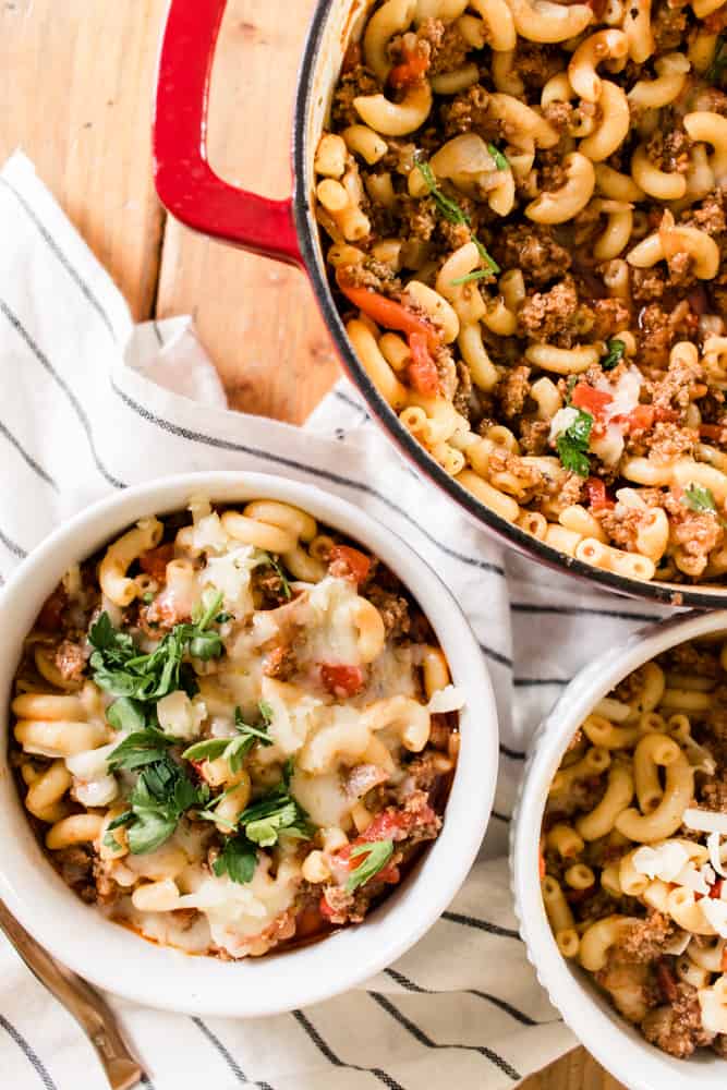 Bowls of freshly scooped from scratch goulash.