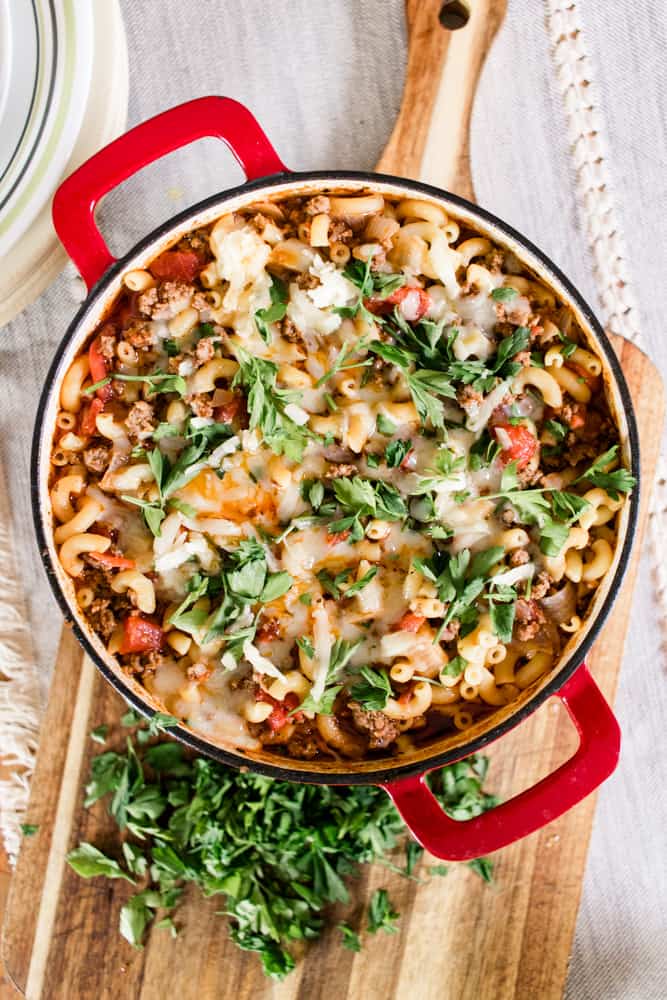 Easy homemade goulash with macaroni noodles, ground beef and cheese.