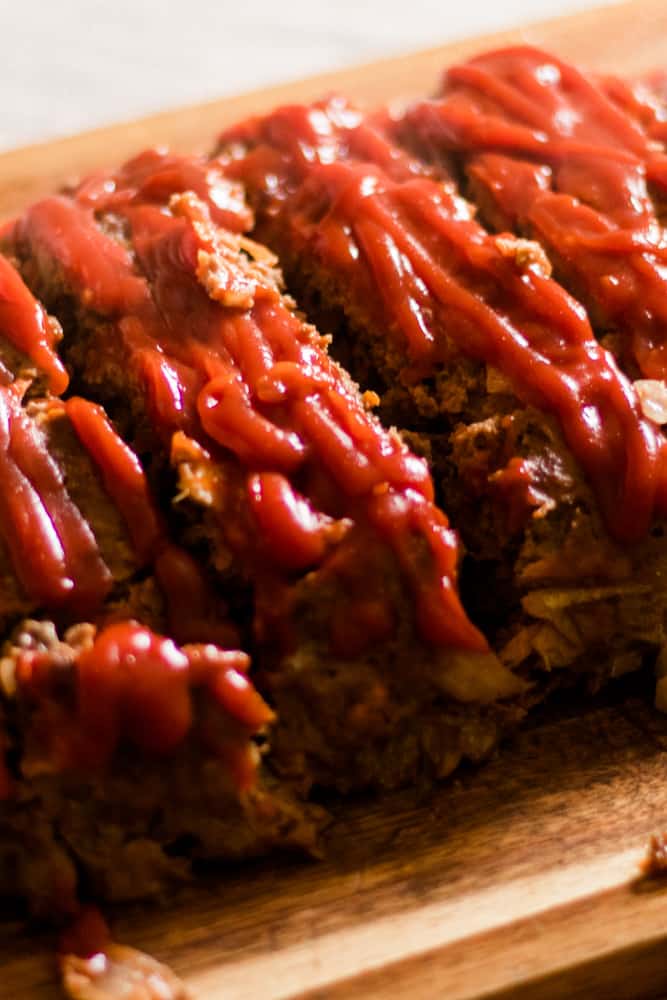 Homemade meatloaf with ketchup glaze.