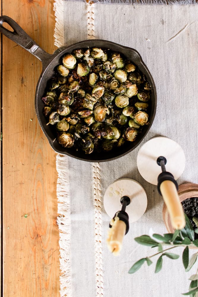Salty roasted brussel sprouts with garlic and parmesan cheese.