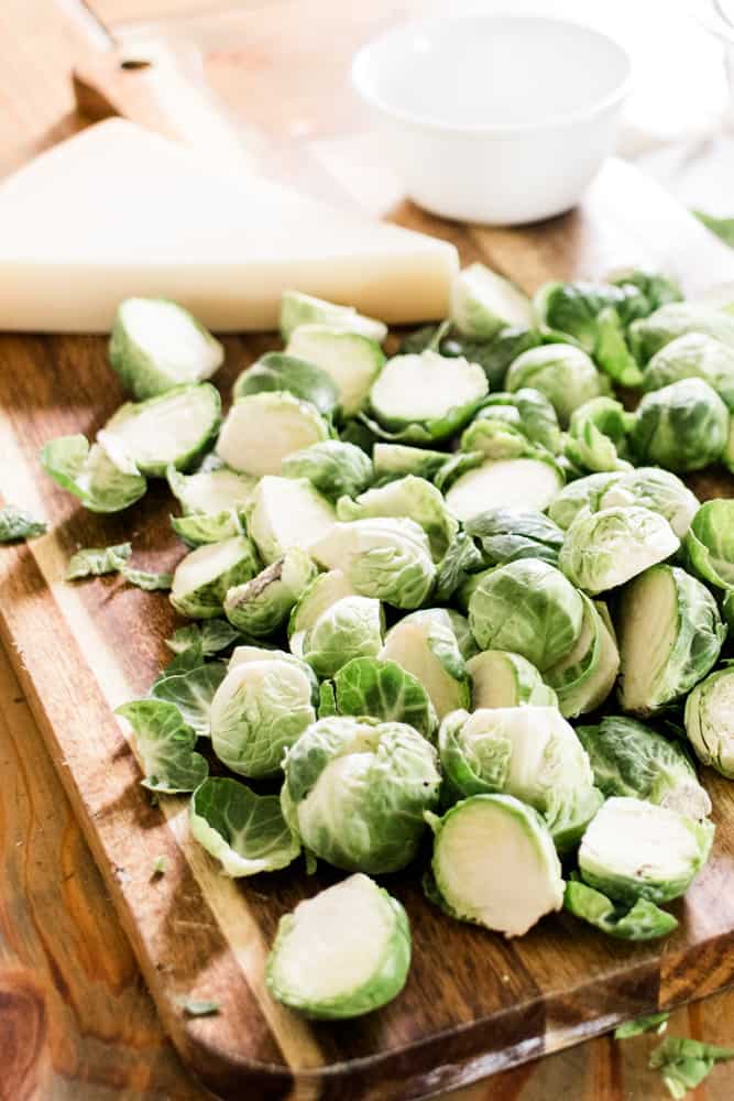 Sliced and halved fresh brussel sprouts.