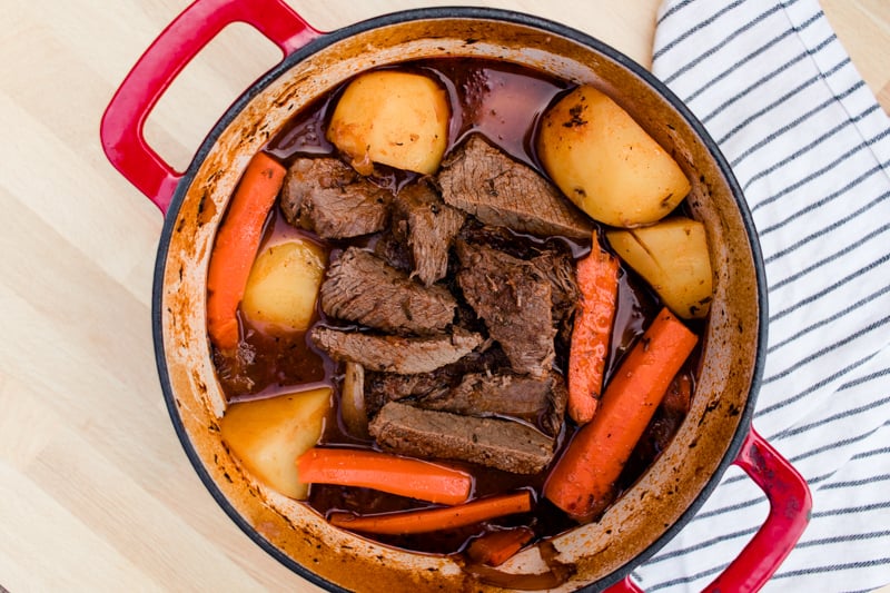 Venison sirloin tip roast with carrots and potatoes in a dutch oven.