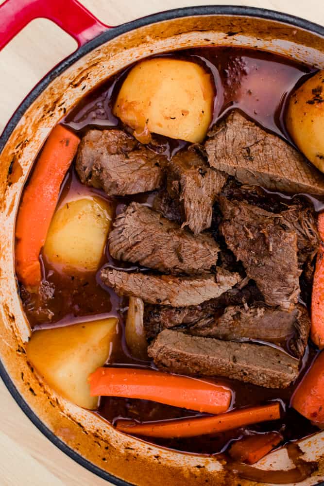 Dutch oven sirloin roast with gravy.