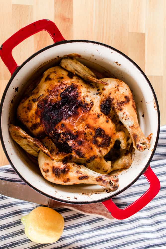 Cajun seasoned chicken in a dutch oven with a blue and white tea towel.