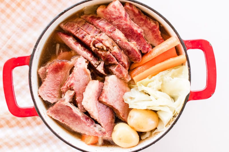 Corned beef with baby potatoes, carrots, onions, cabbage and onions in a dutch oven.