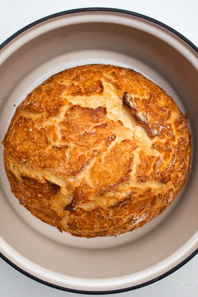 Dutch oven artisan bread freshly baked with a golden brown top.