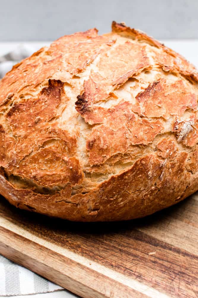 Perfectly bake loaf of bread in a dutch oven with beautiful scrips. 