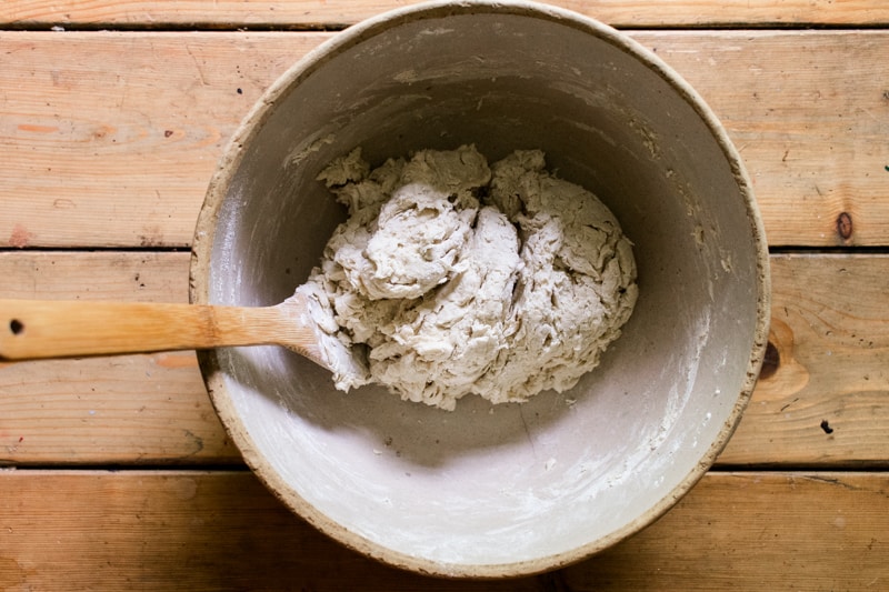 Bread dough after its mixed with water before the first rise.