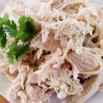 Pulled chicken that was cooked in a dutch oven and shredded with two forks.