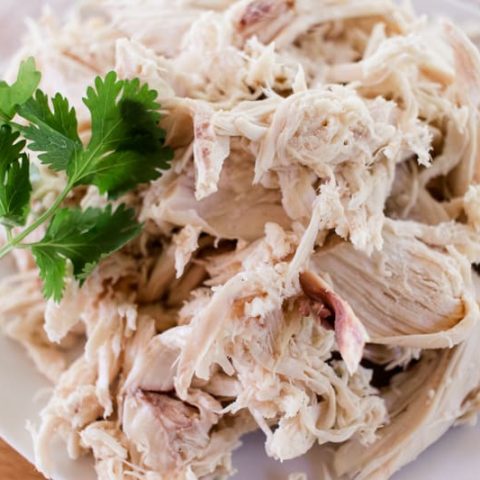 Pulled chicken that was cooked in a dutch oven and shredded with two forks.