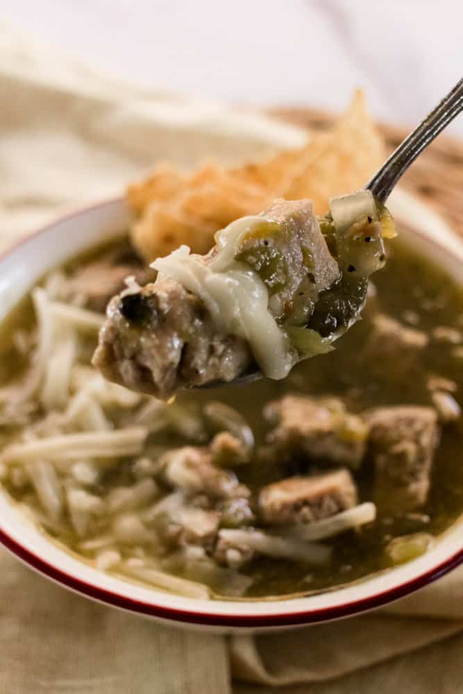 Fork filled with Colorado green chili topped with melted jack cheese. 