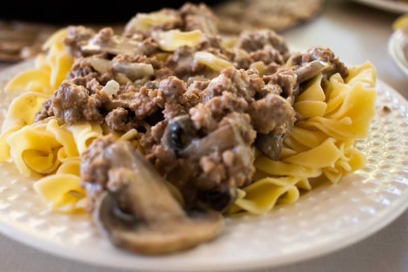 Ground venison stroganoff over soft egg noodles.