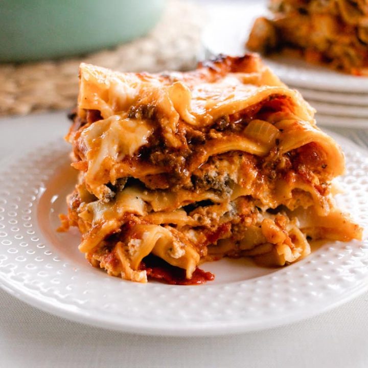 A large piece of homemade healthy lasagna.