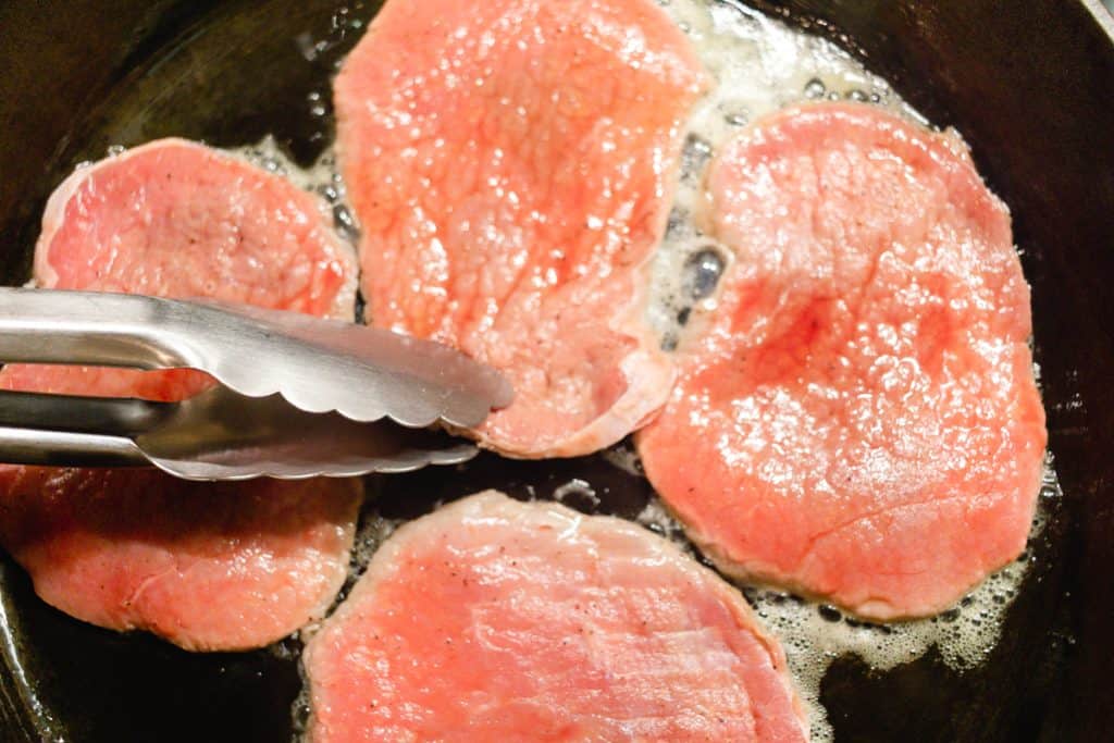 Marinaded Eye of Round Steak with White Wine Gravy Cast Iron Skillet