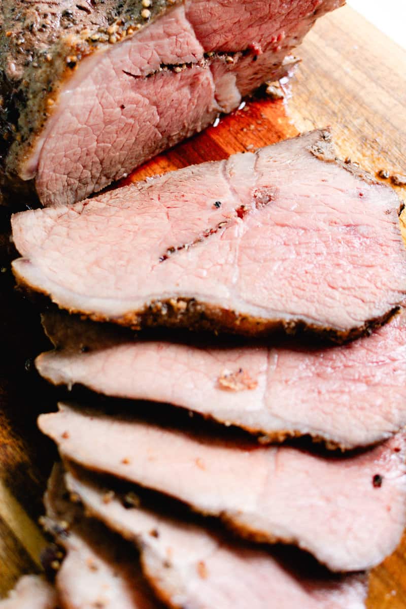 Beef rump roast, sliced thinly.