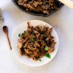 Shredded beef tongue after it has been pulled out of the slow cooker.