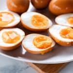 Homemade soy sauce eggs with jammy yolks.