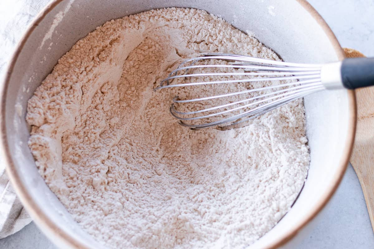 Combining the dry ingredients for the bread dough.