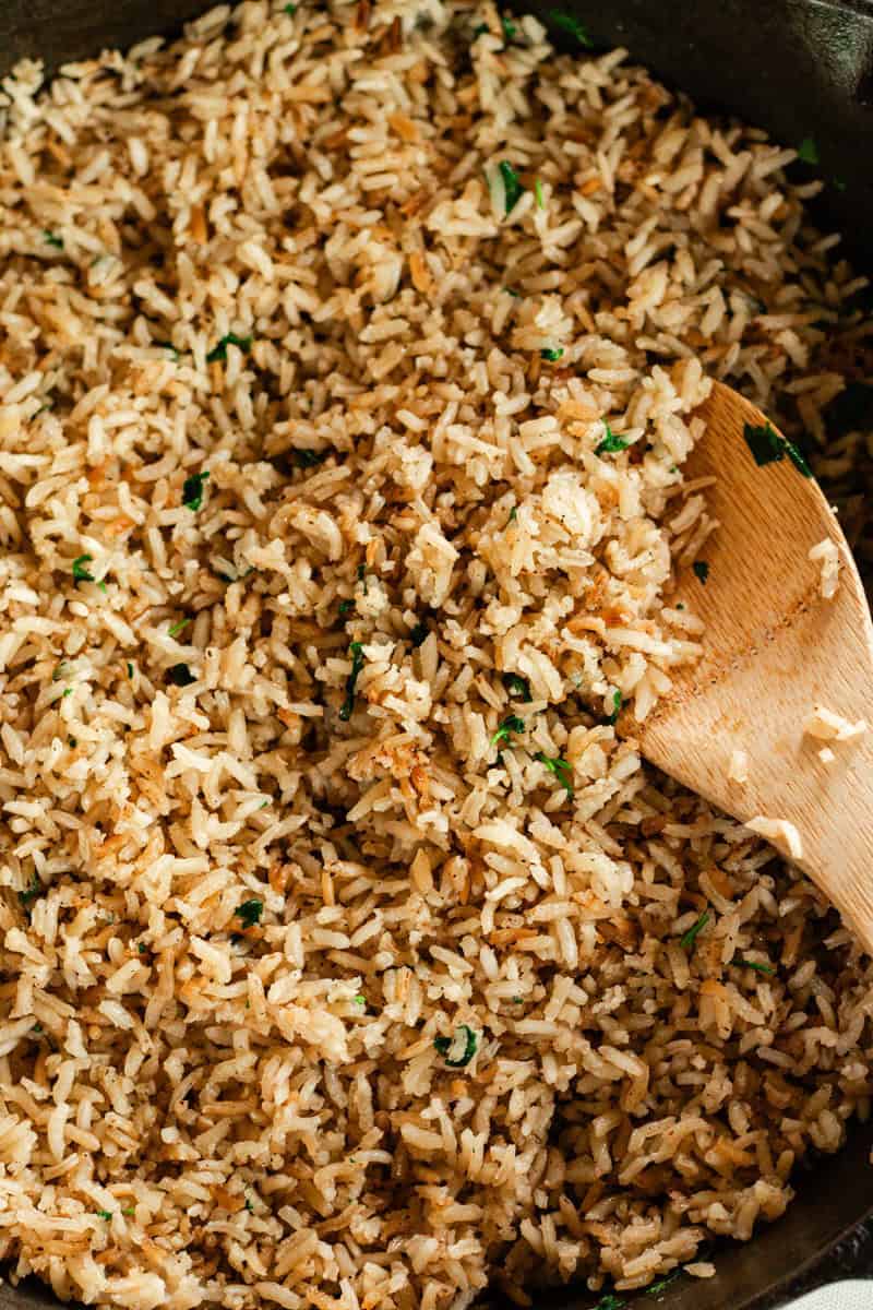 Rice pilaf in a cast iron skillet. 