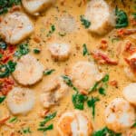 Creamy tuscan scallops in a rich white sauce with sun-dried tomatoes and fresh parsley.