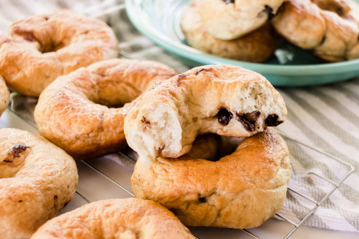 Chocolate chip bagels on a cooling rack.