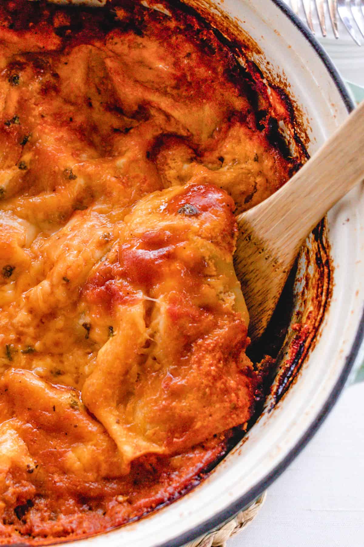 Freshly baked dutch oven lasagna.