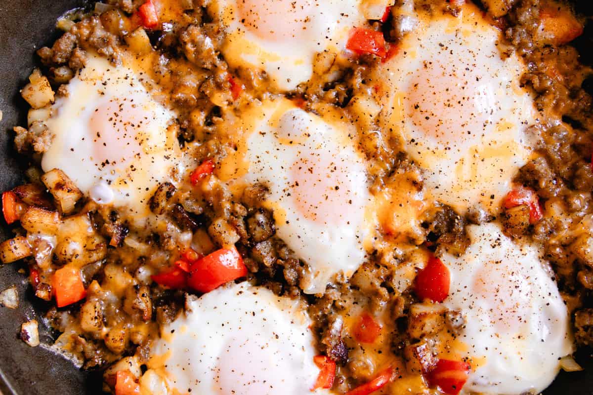 Completed sausage breakfast skillet ready to serve.
