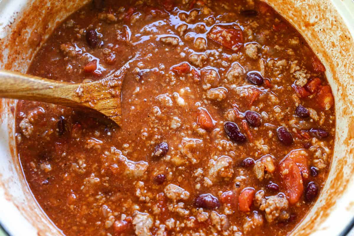 Freshly simmered Ground Pork Chili ready to eat.