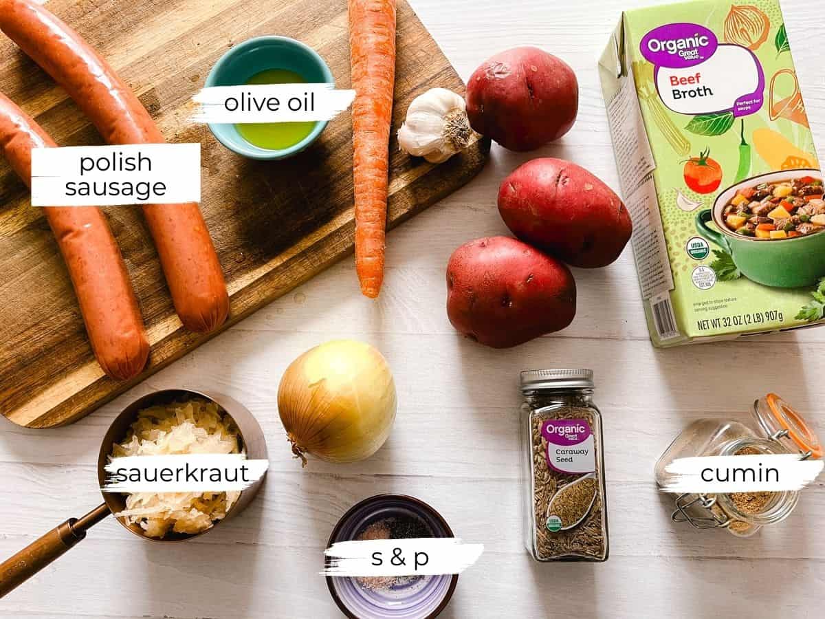The soup ingredients individually portioned, with text labels.