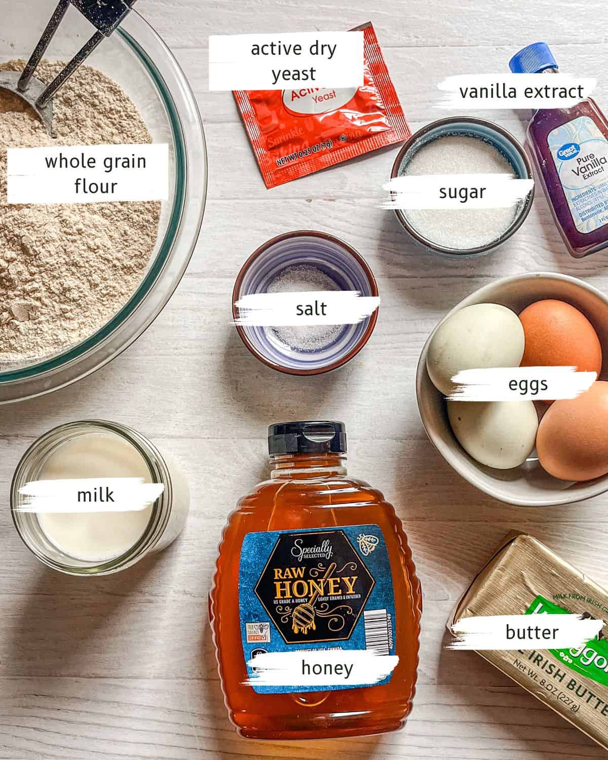 Whole grain brioche bread ingredients.