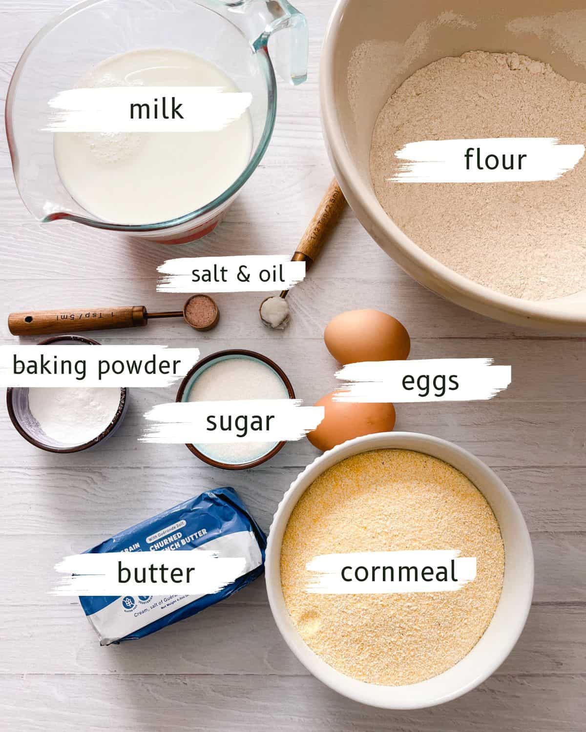 Cast Iron Cornbread ingredients individually measured out, with text labels overlaid.