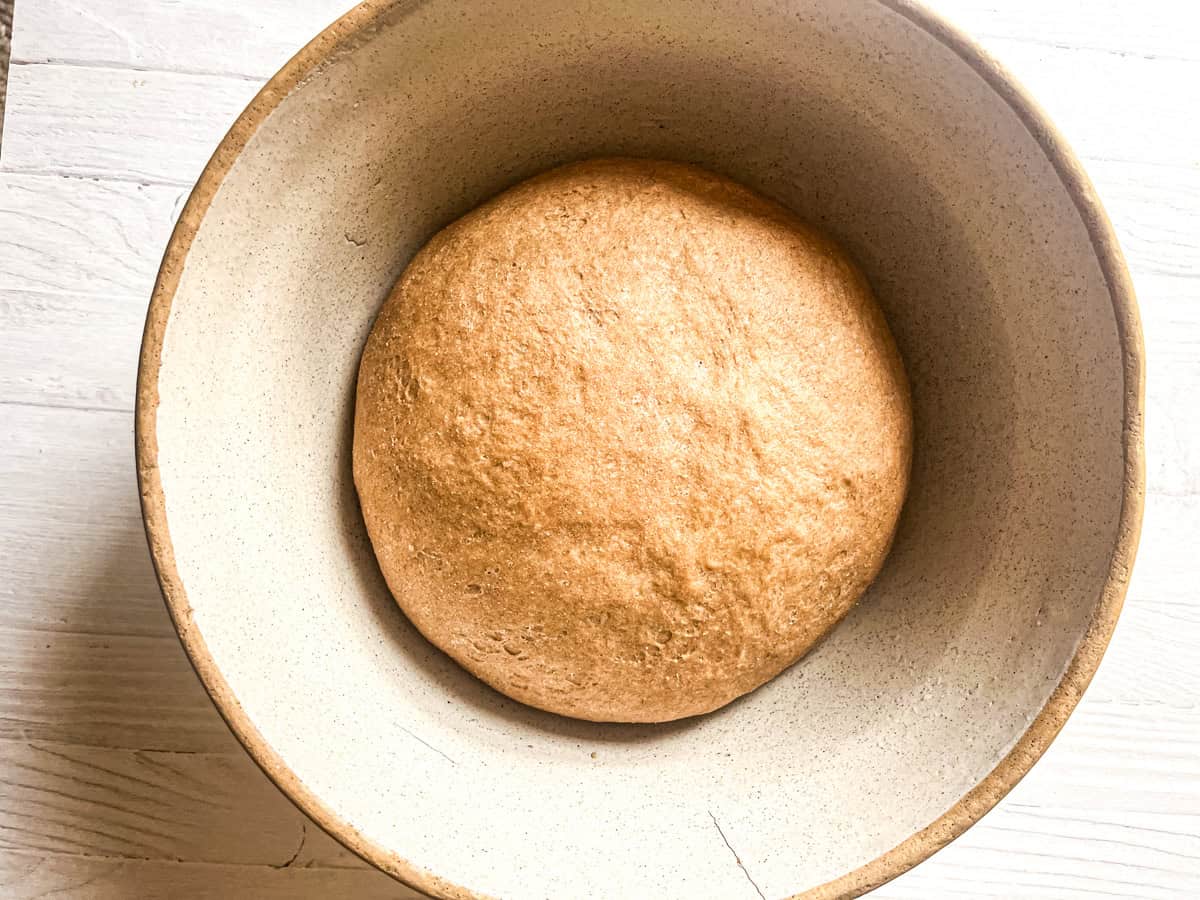 Pizza dough rising in a mixing bowl.