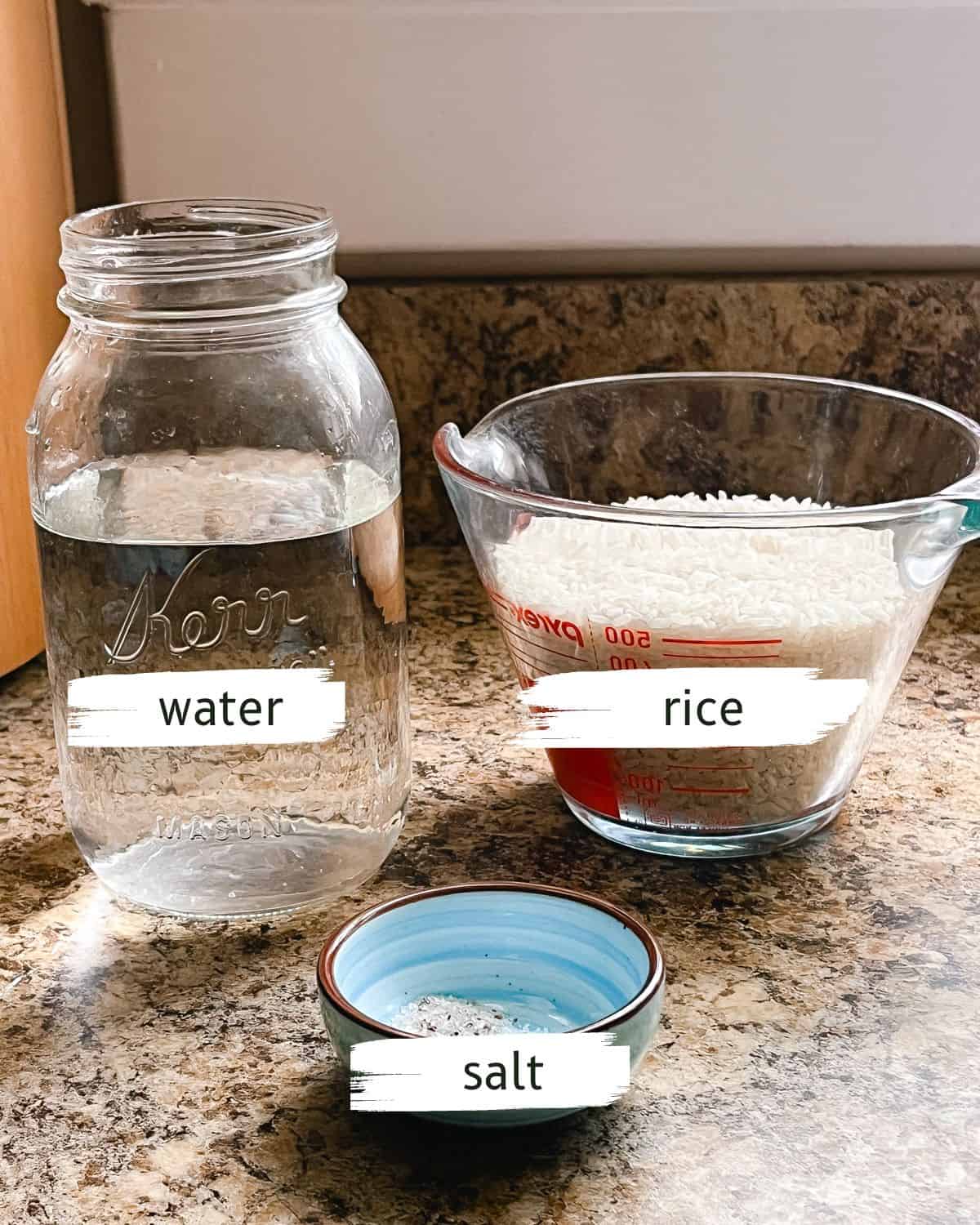 Dutch Oven white rice ingredients on a kitchen counter labeled.