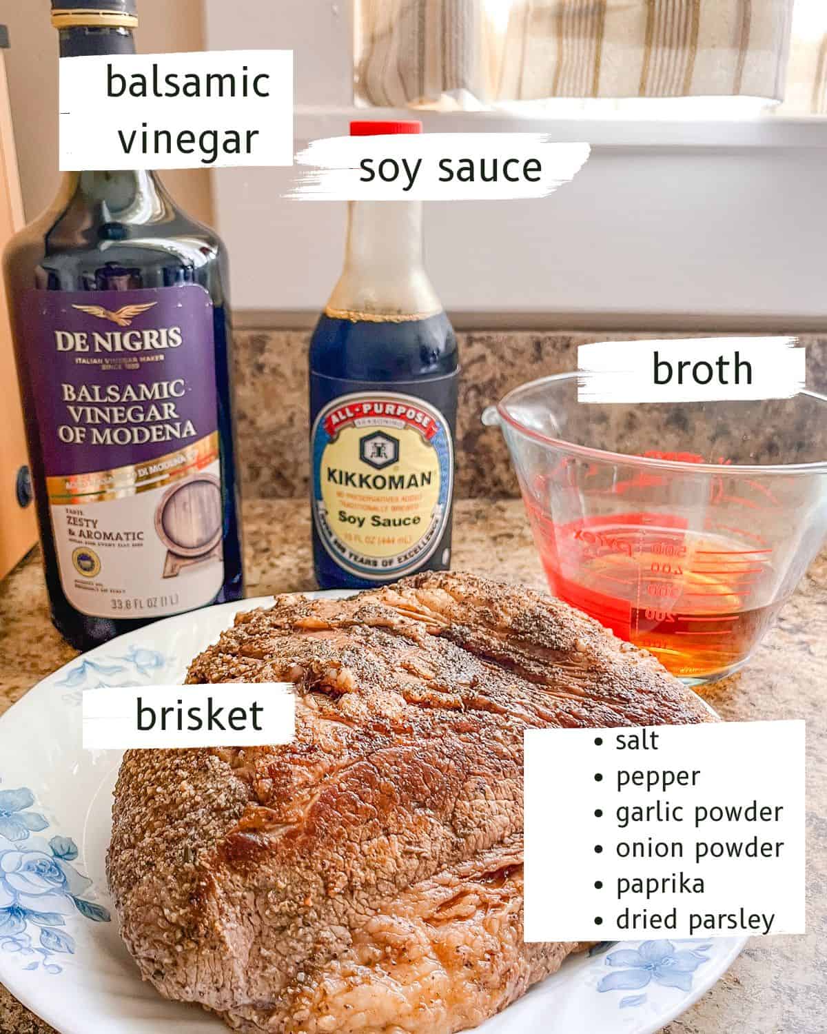 Braised brisket ingredients on a countertop, with individual text labels overlaid.