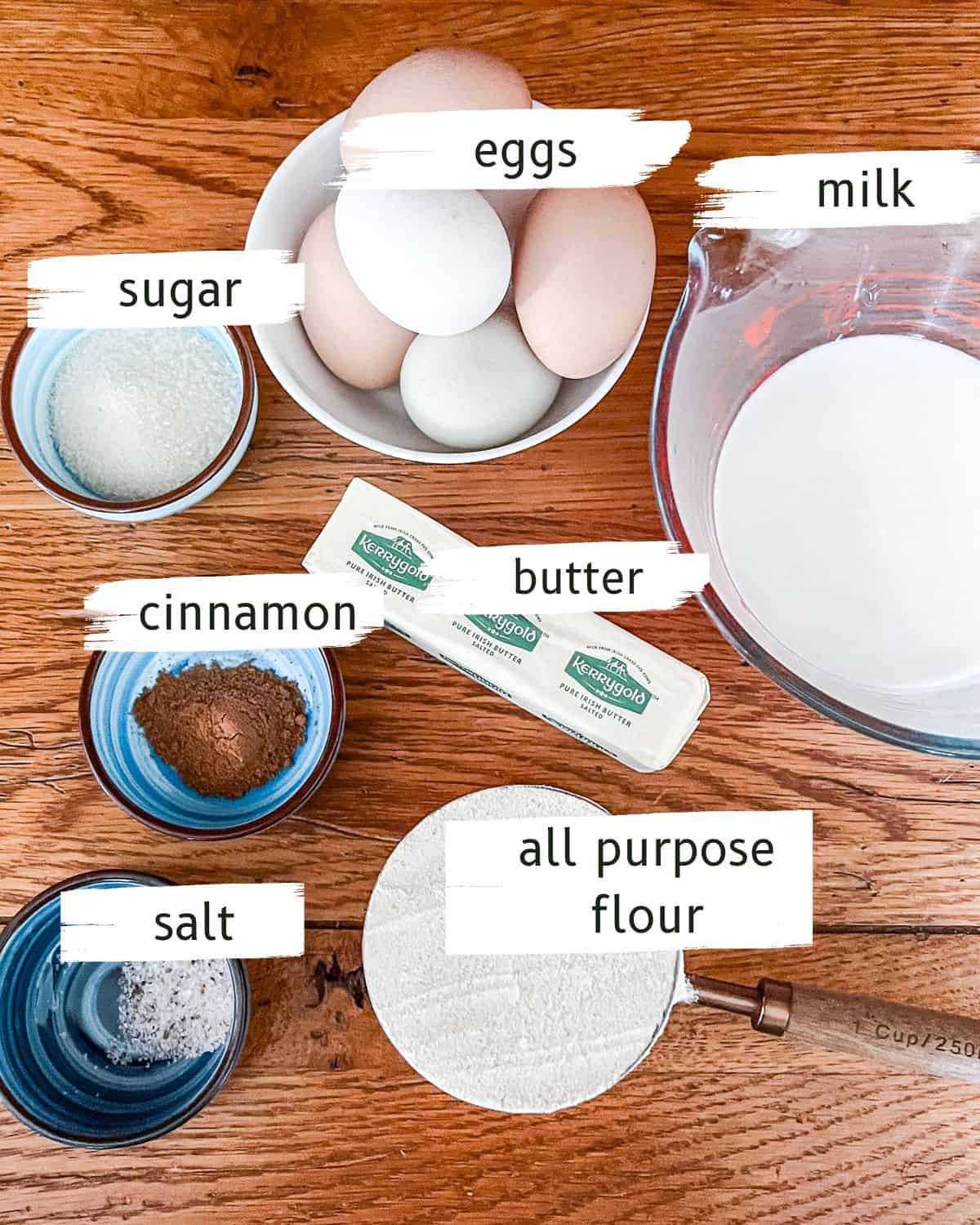 Dutch baby pancake ingredients on a table, with individual text labels overlaid.