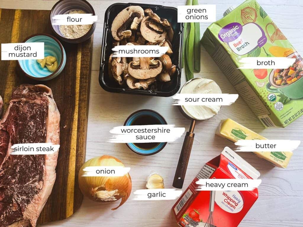 Dutch oven beef stroganoff ingredients labeled on a white table.