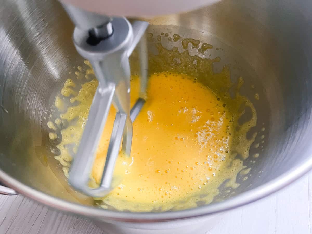 Beating eggs in a stand mixer. 