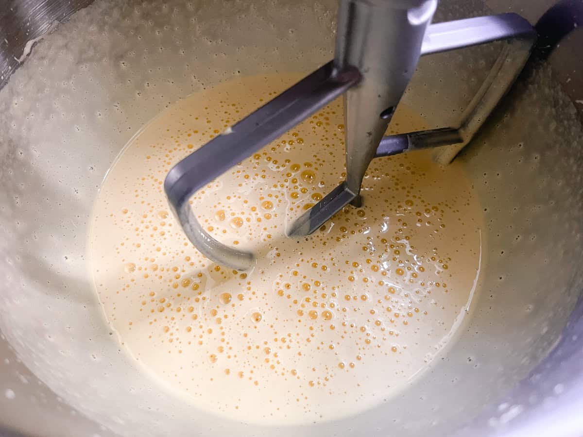 Mixing ingredients in a stand mixer.