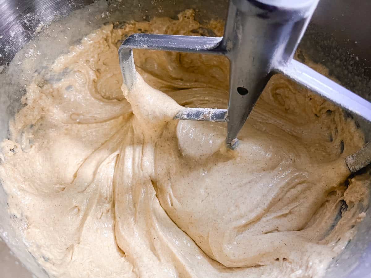 Mixing cake batter in a stand mixer.