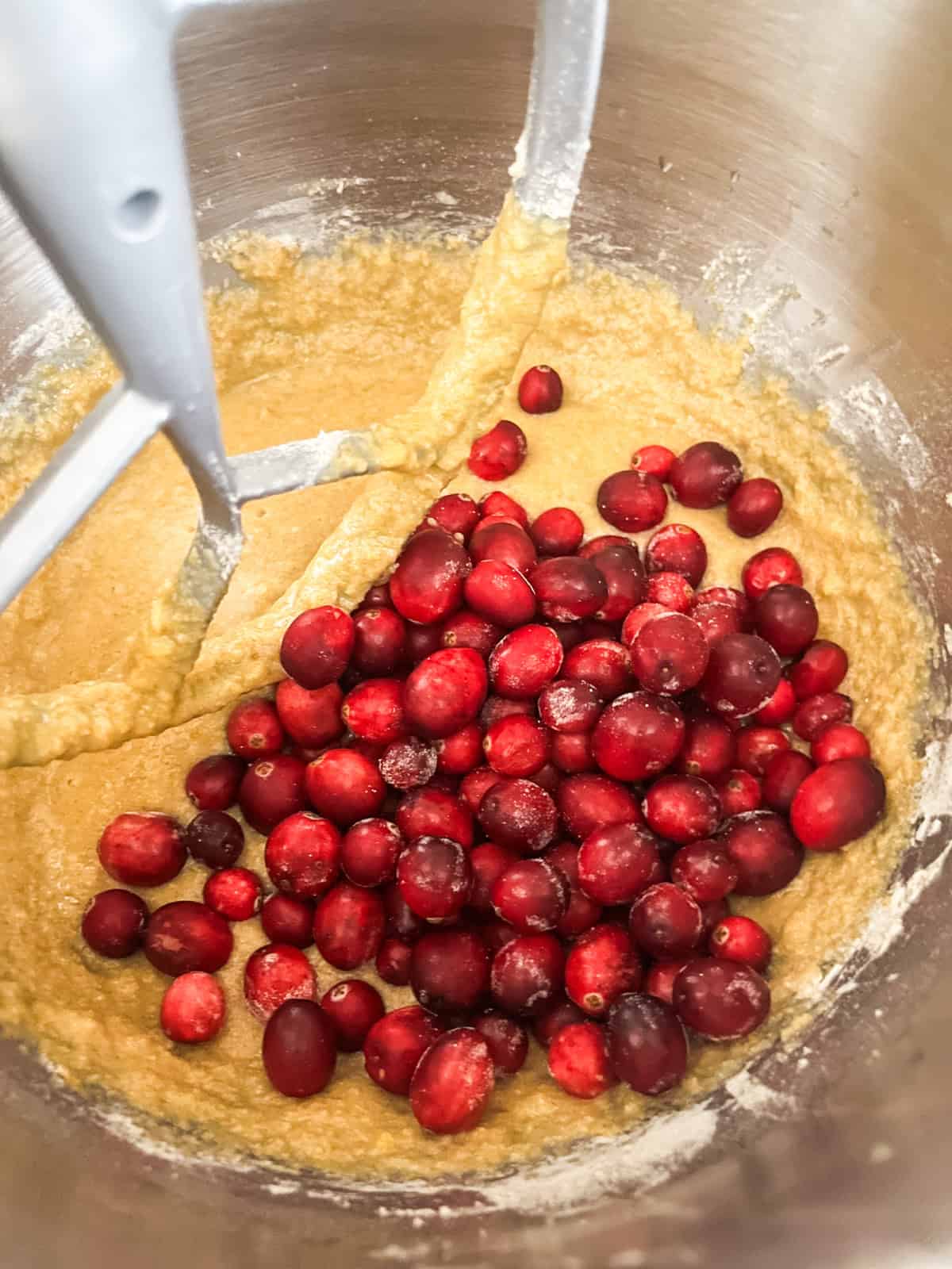 Cranberry bread batter in a stand mixer bowl with fresh cranberries sprinkled on top.