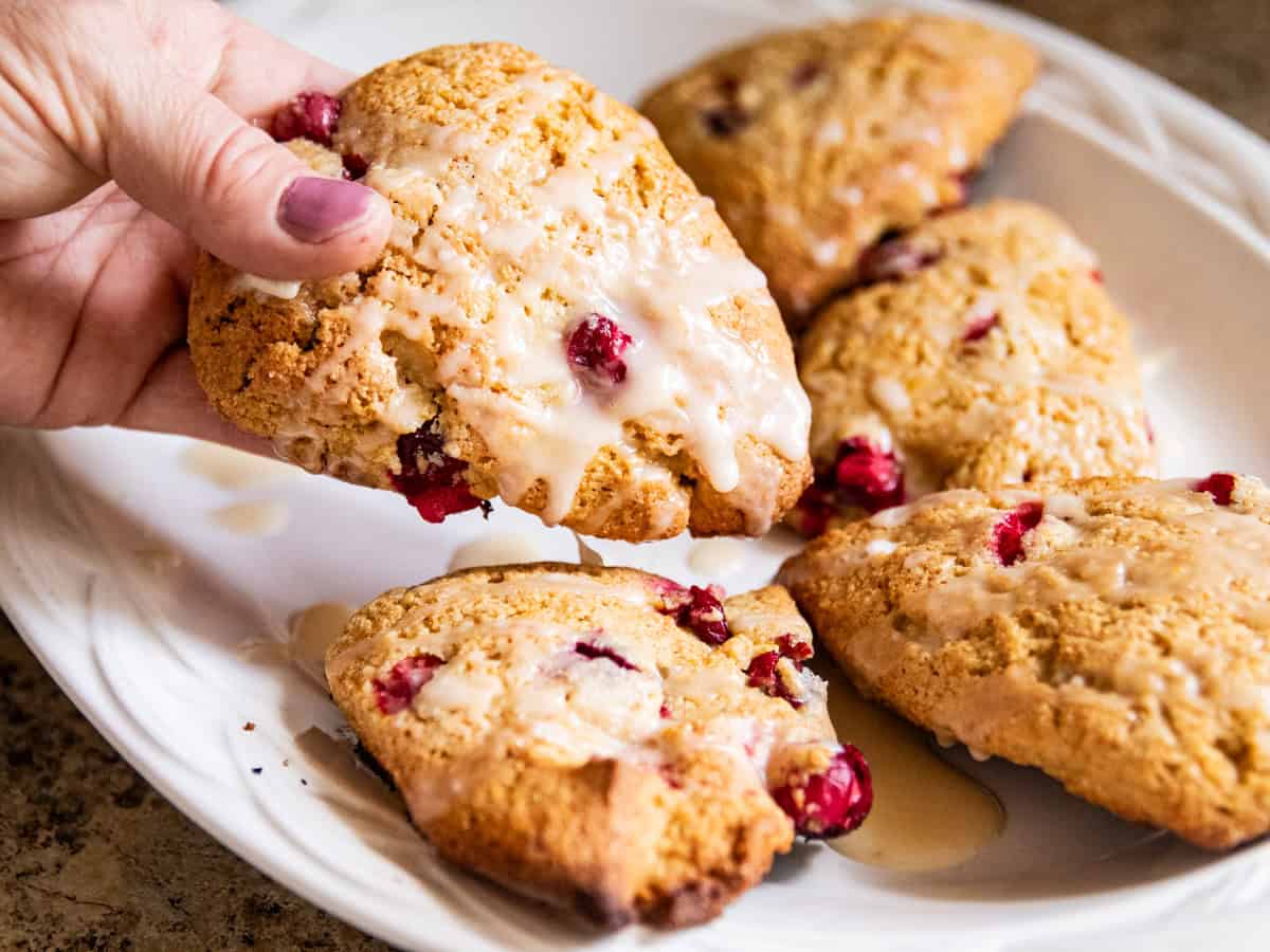 Picking up a scone off of a plate of freshly milled flour cranberry scones.