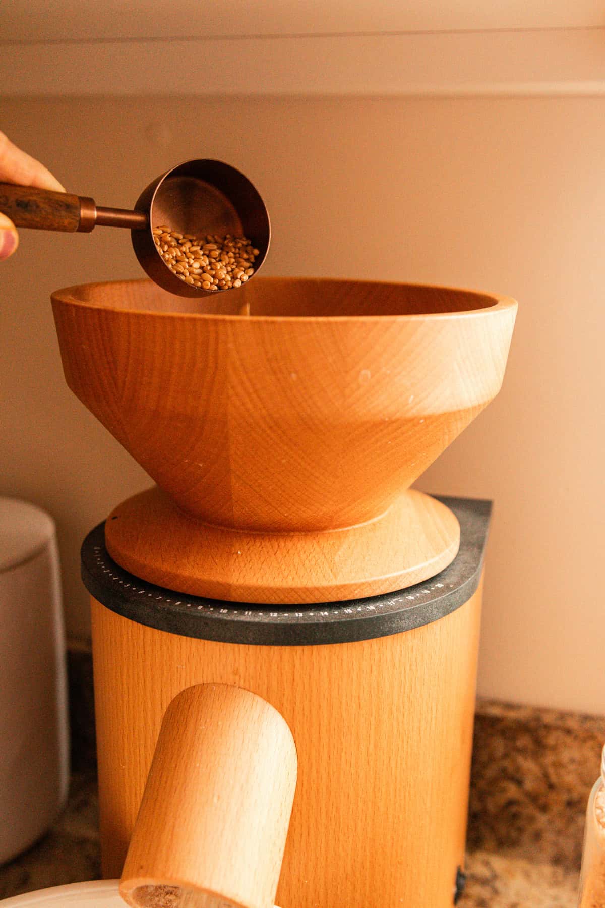 Pouring grains into a grain mill.