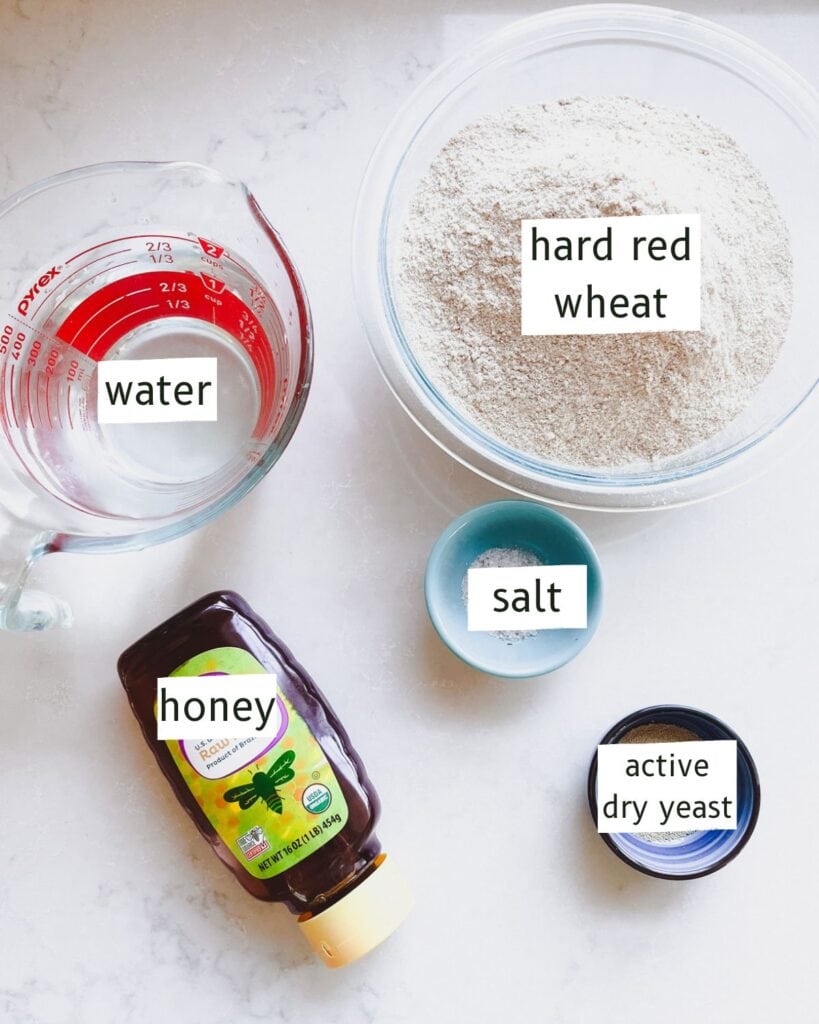 Ingredients for baguettes with freshly milled flour, labeled on a white countertop.