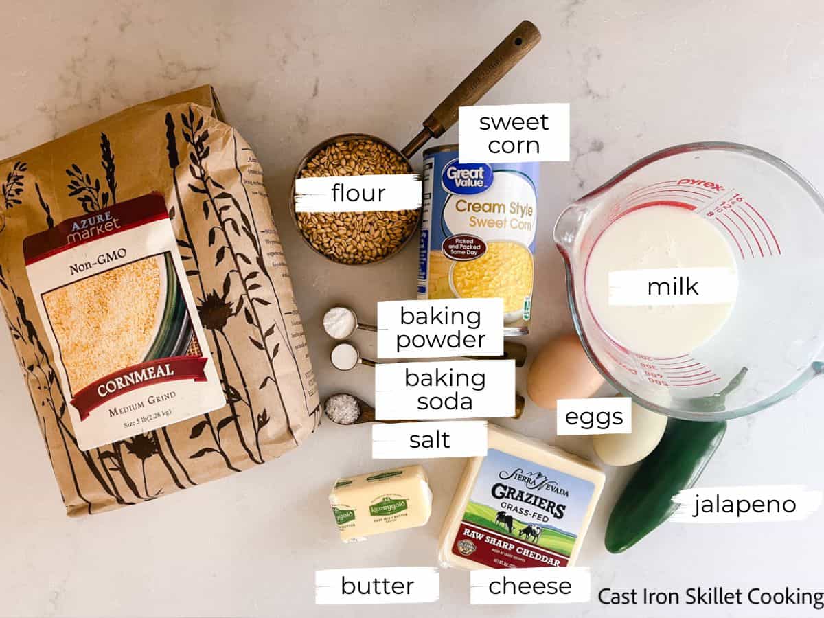 Cornbread with freshly milled flour labeled on a white countertop.